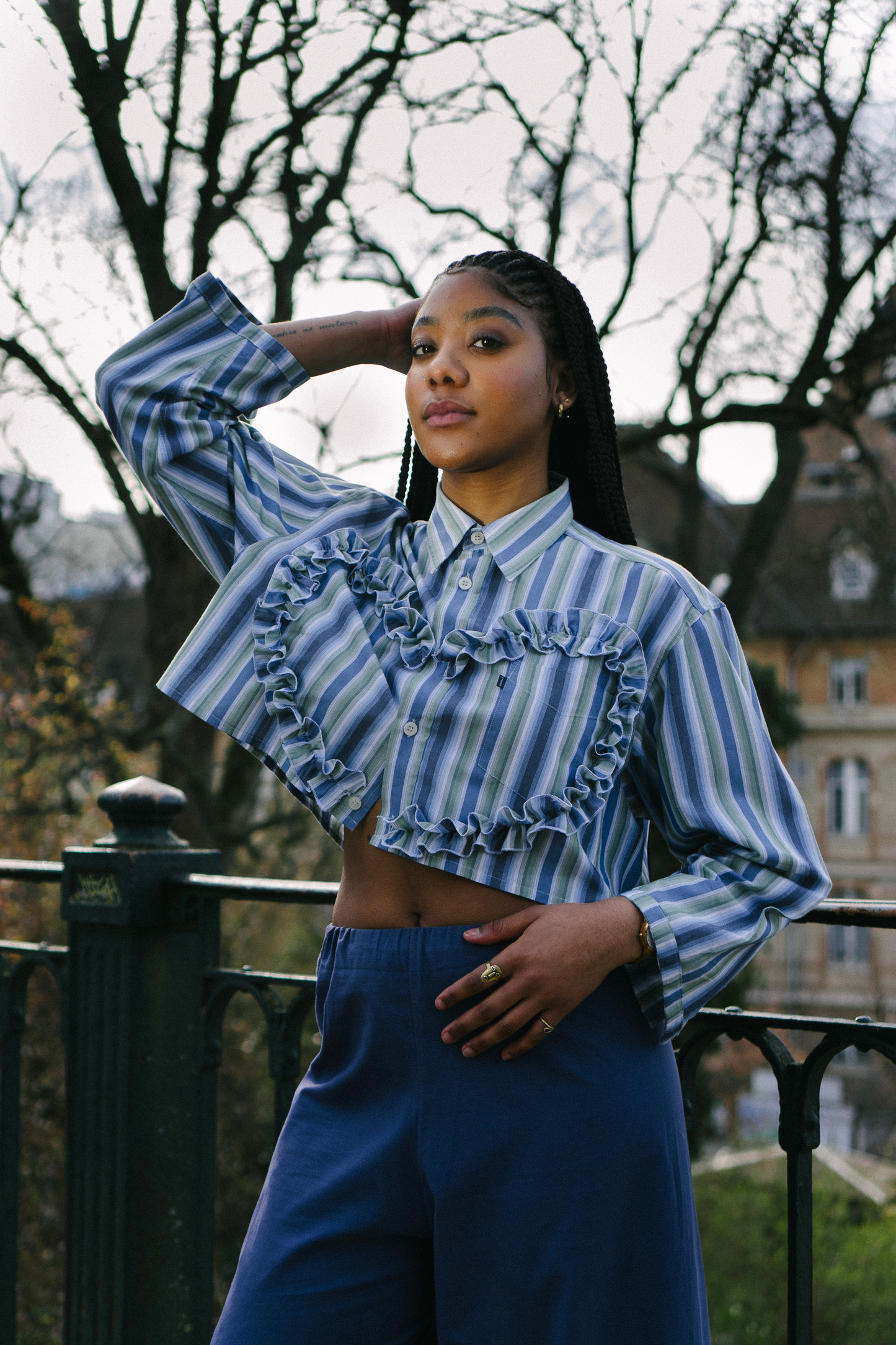 The Habi shirt in green and blue stripes