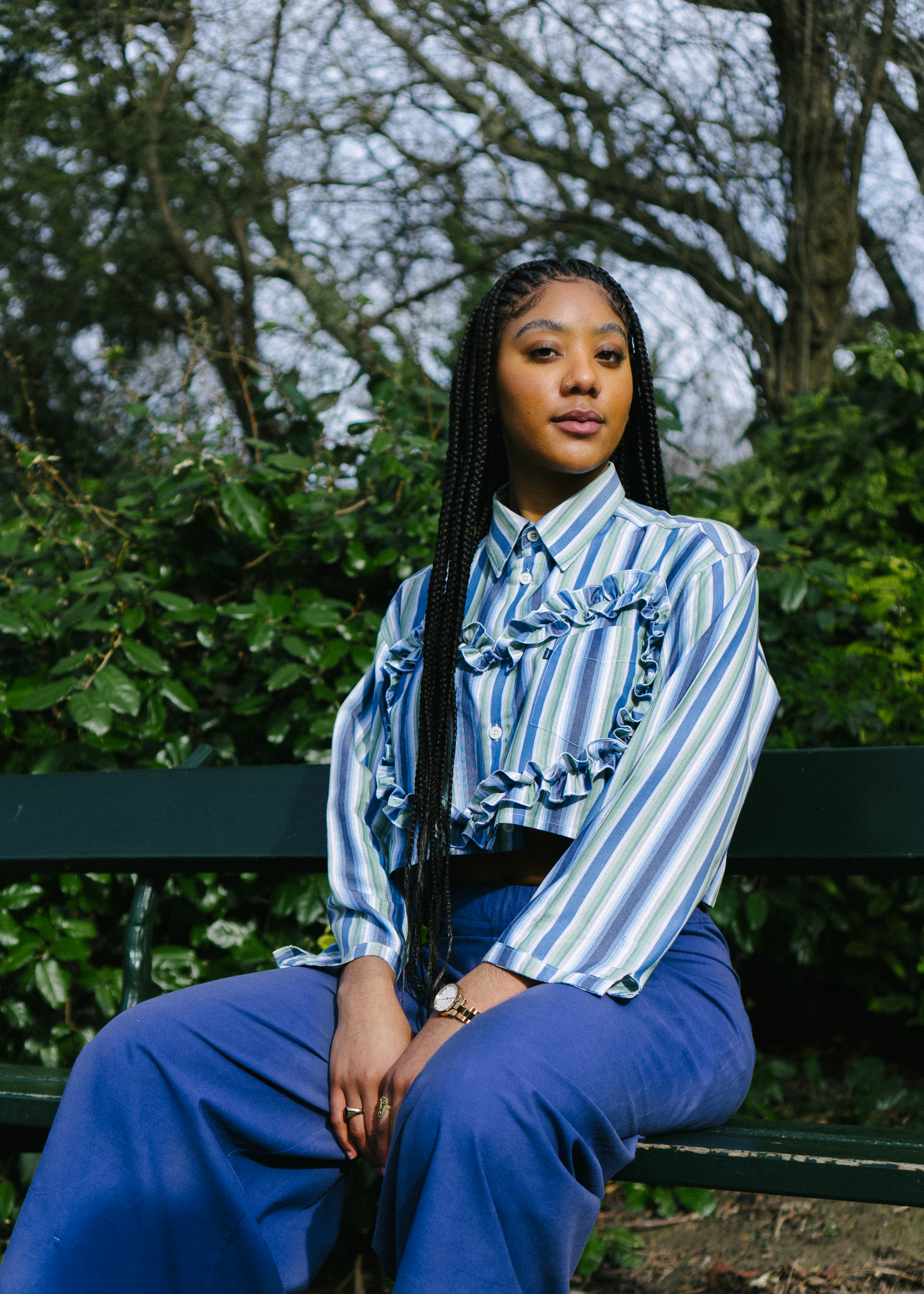 The Habi shirt in green and blue stripes