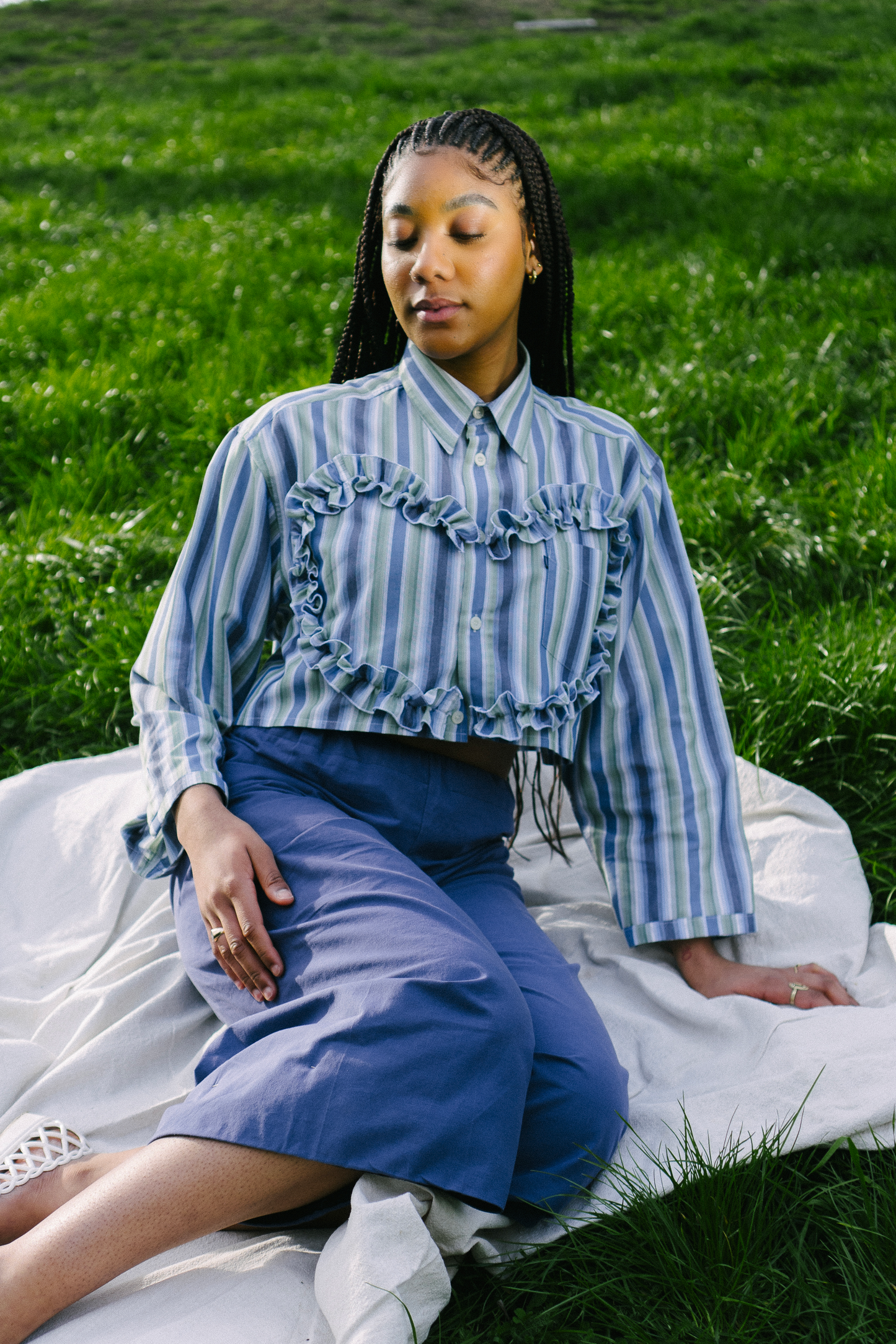 The Habi shirt in green and blue stripes