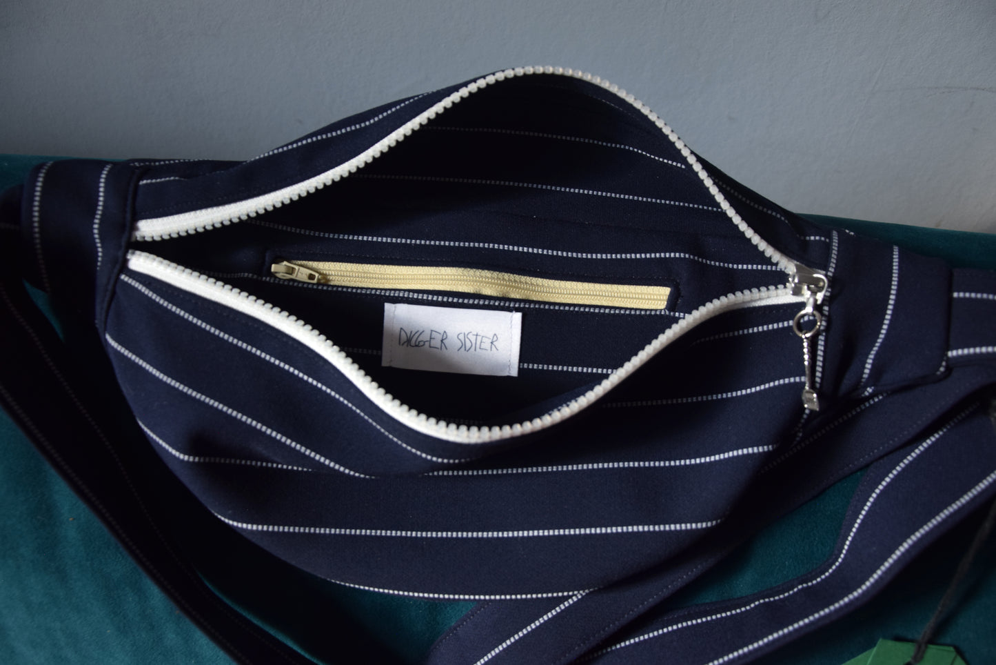 The Digger Bag in blue and white stripes