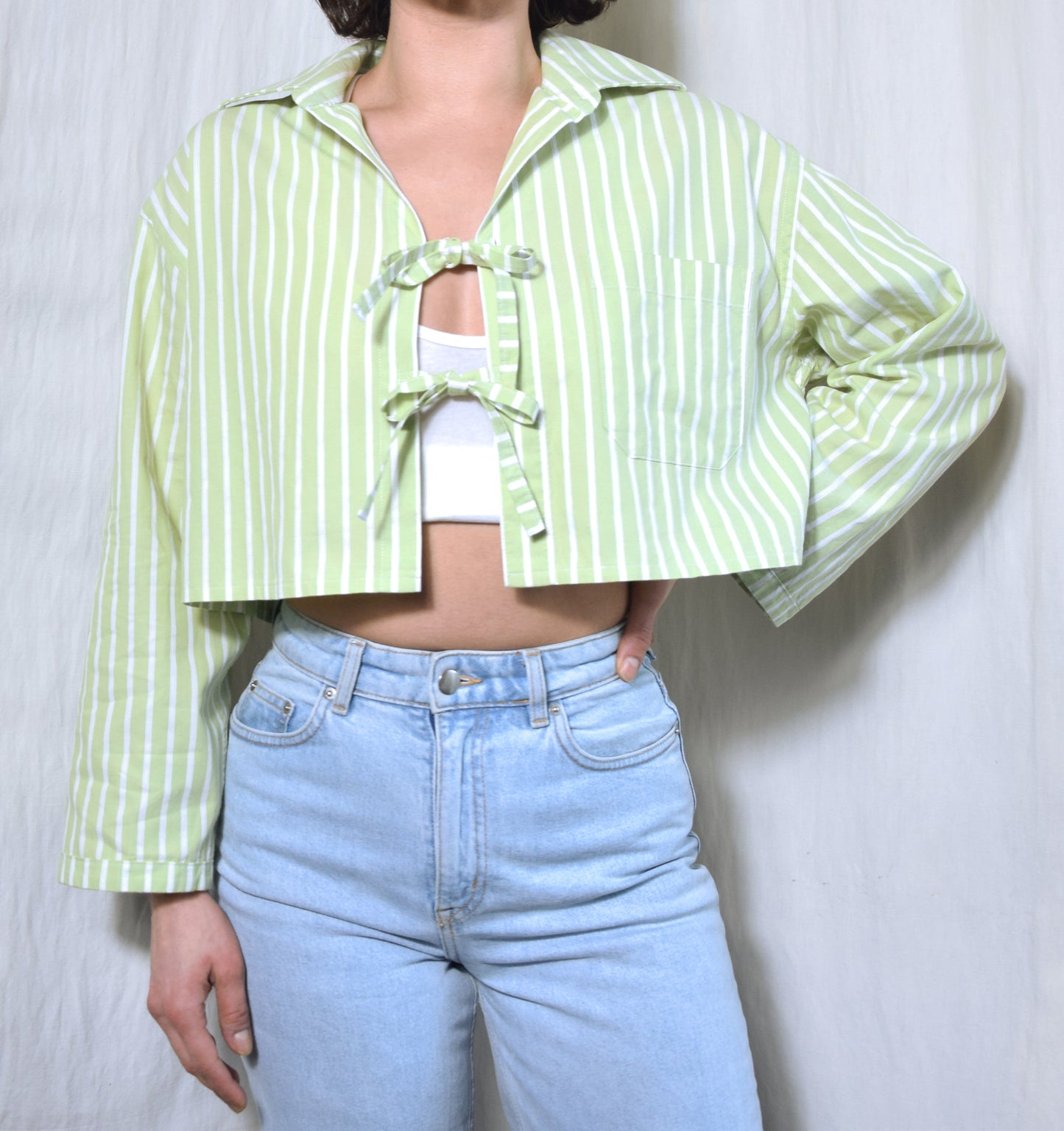 The May shirt in anise green and white stripes